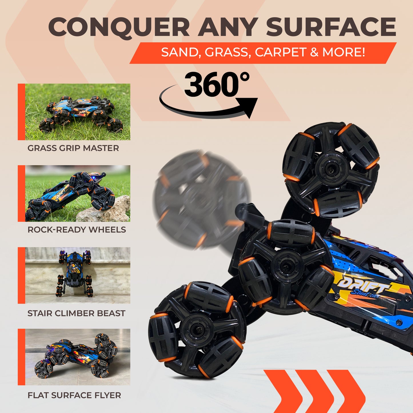 Playplen Gesture RC Stunt Car – 8-Wheel Drift, Dual Remote, LED Lights, Rechargeable Batteries