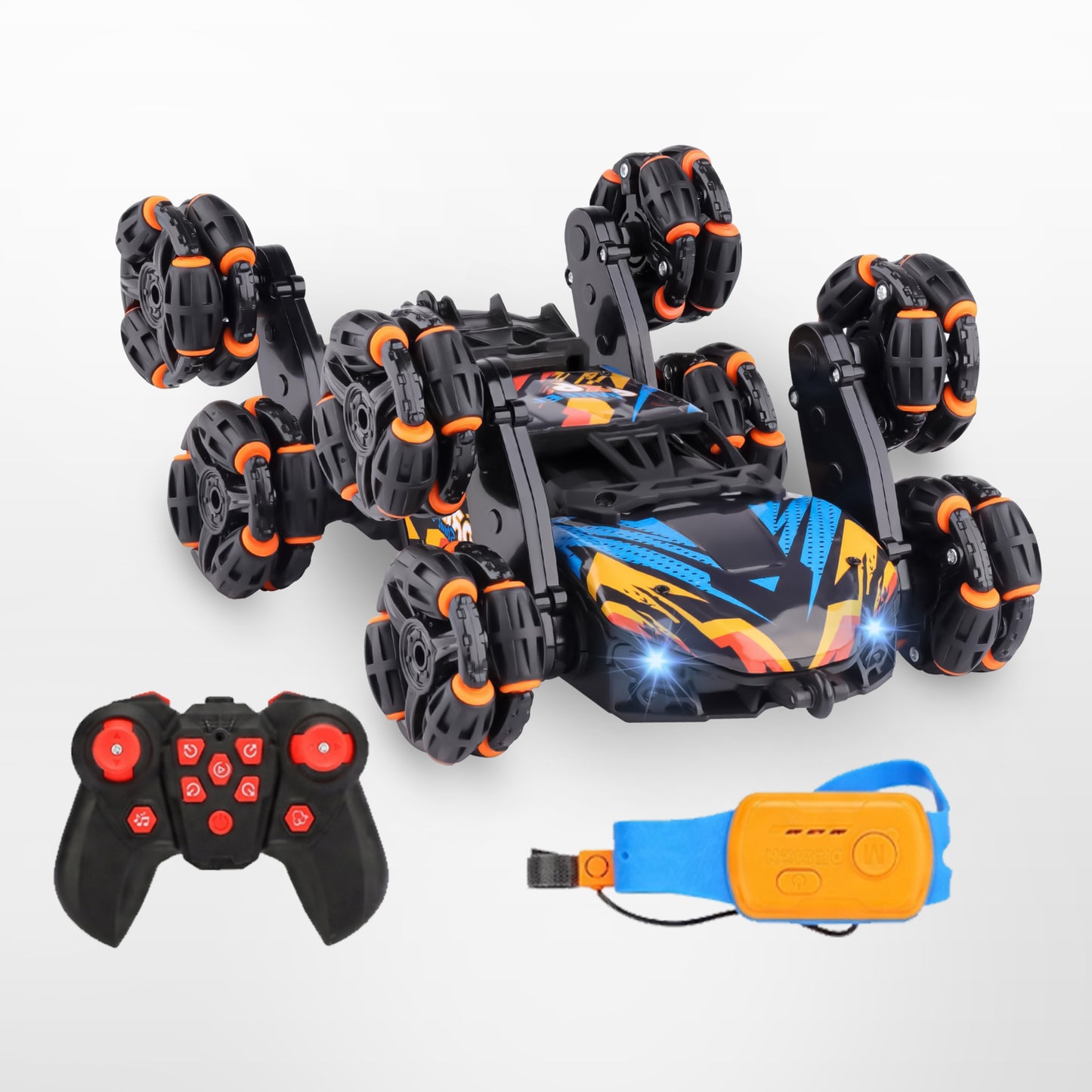 Playplen Gesture RC Stunt Car – 8-Wheel Drift, Dual Remote, LED Lights, Rechargeable Batteries