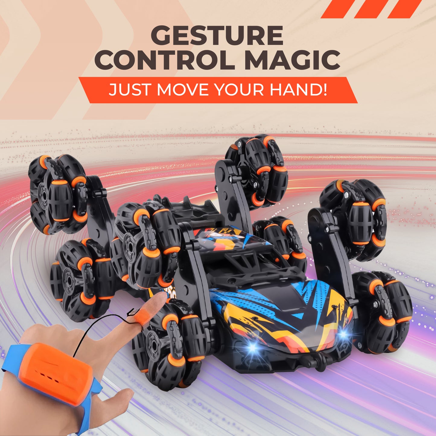 Playplen Gesture RC Stunt Car – 8-Wheel Drift, Dual Remote, LED Lights, Rechargeable Batteries
