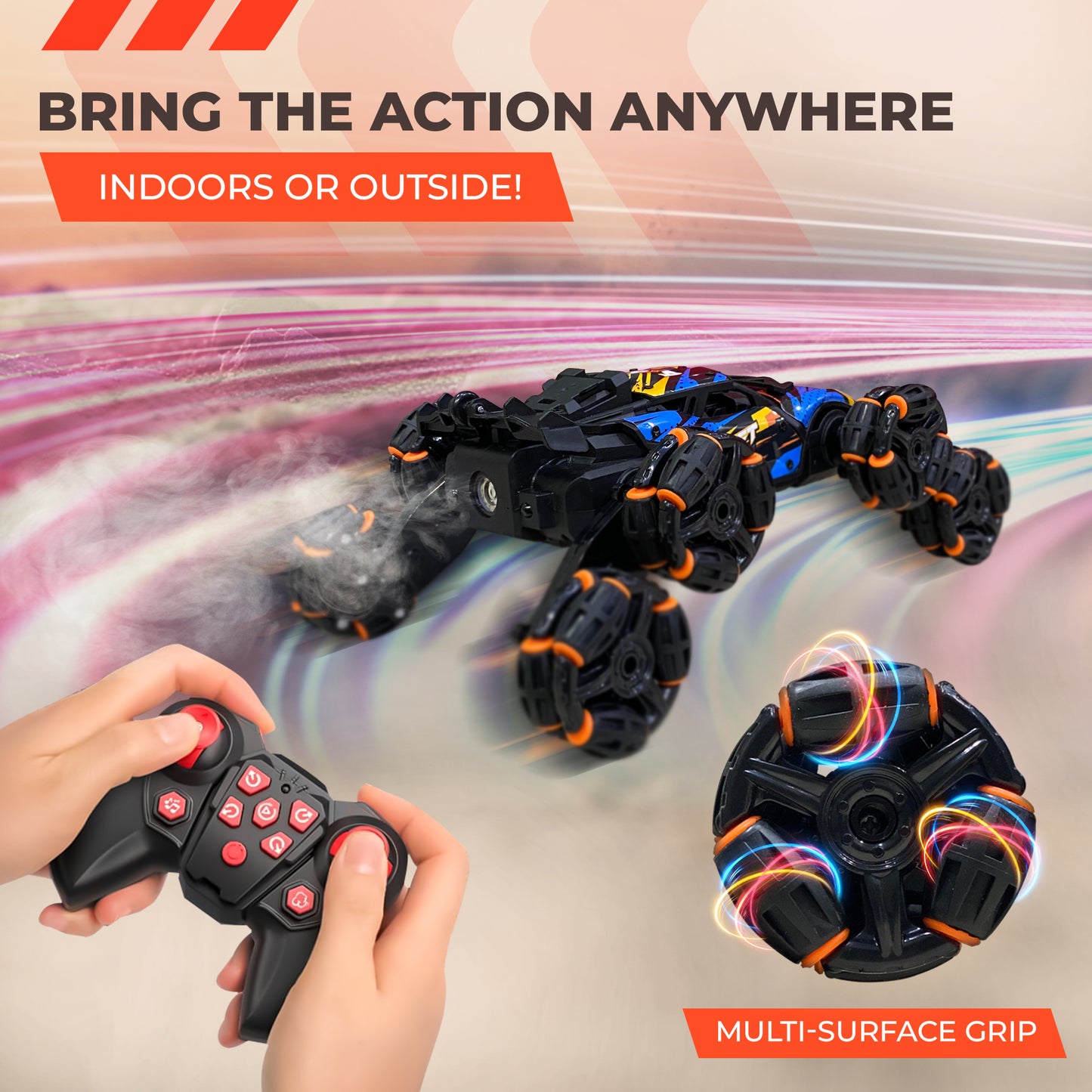 Playplen Gesture RC Stunt Car – 8-Wheel Drift, Dual Remote, LED Lights, Rechargeable Batteries