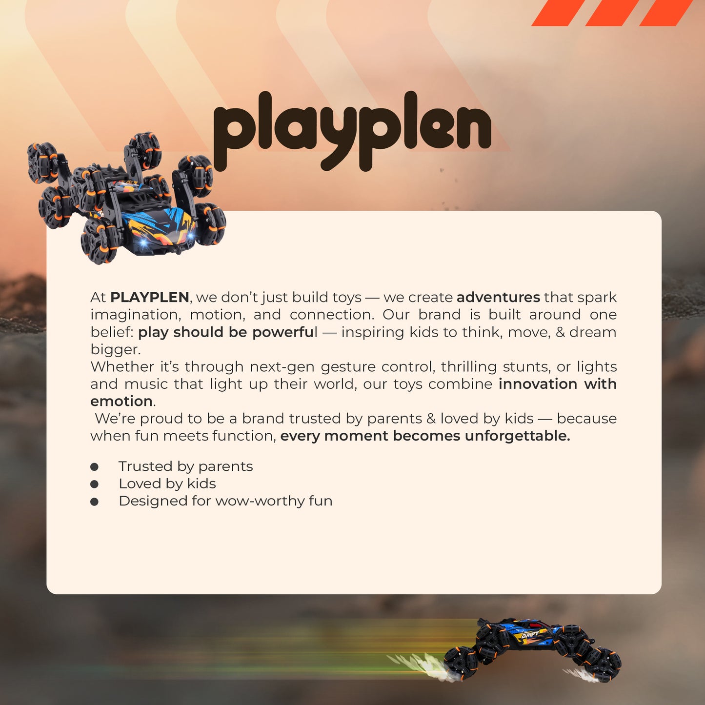 Playplen Gesture RC Stunt Car – 8-Wheel Drift, Dual Remote, LED Lights, Rechargeable Batteries